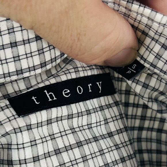 Theory Small Casual Button Front Shirt Gray White Plaid 100% Cotton - Picture 3 of 5